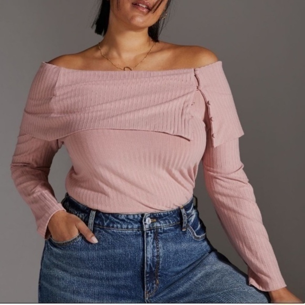 NWT Anthropologie Dusty Rose Ribbed Knit Off Shoulder Button Long sleeve top L